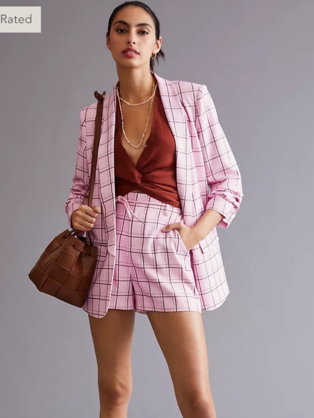 NWT Mare Mare x Anthropologie Pink Checked blazer Short Set S